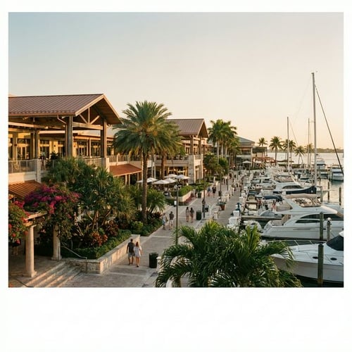 Lush, waterfront commercial retail environment of Bayside Marketplace in Miami