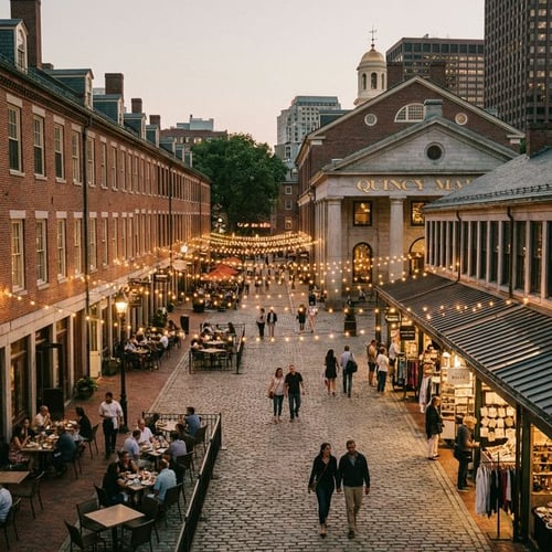 Vibrant, historic Faneuil Hall Marketplace illuminated with string lights at twilight