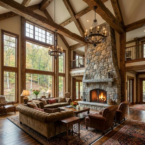 Two-story great room with stone fireplace and autumn wooded views in an Alpine NJ estate