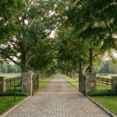 Tree-lined estate driveway with equestrian gates in Bridgehampton