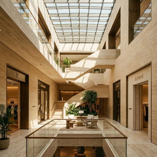 Elevated multi-level retail atrium with travertine finishes