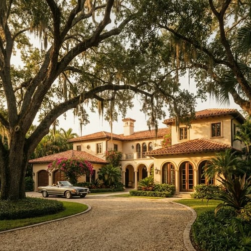 Classic Coral Gables Mediterranean estate with lush tree canopy
