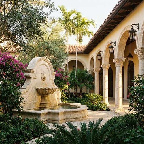 Elegant Mediterranean courtyard with stone fountain and arched columns