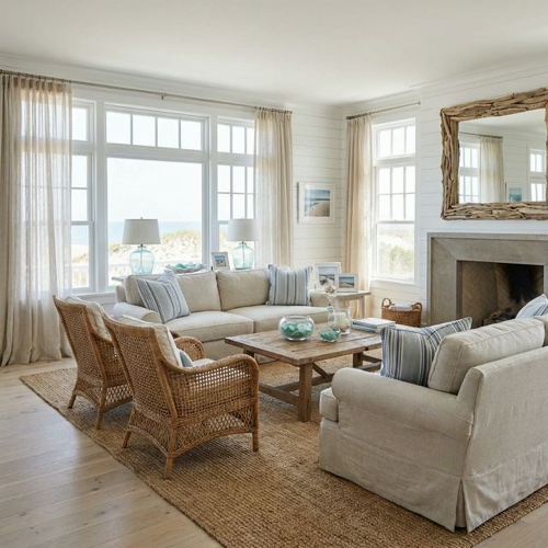 Airy coastal living room with ocean views and rattan furnishings in a Deal beach house