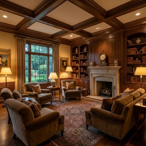 Sophisticated wood-paneled library with coffered ceilings in an Englewood estate