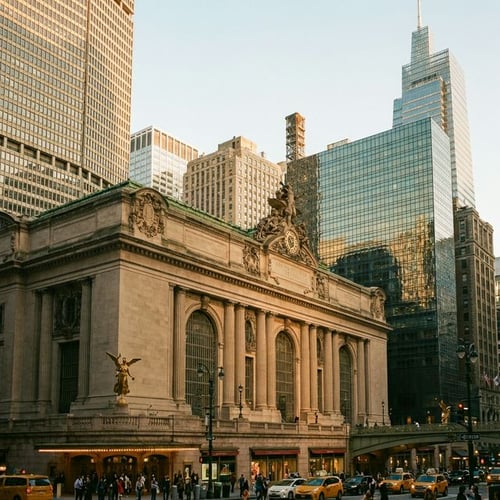 Grand Central Terminal exterior framed by tall modern commercial skyscrapers