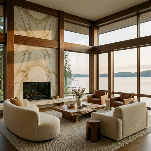 Elegant modern luxury interior with marble and wood overlooking the water