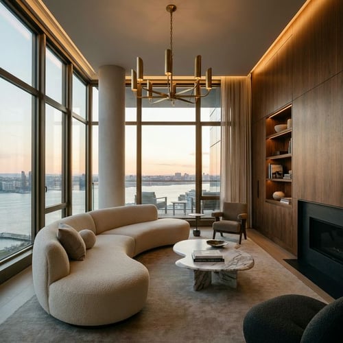 Hudson Yards penthouse living room with floor-to-ceiling river views