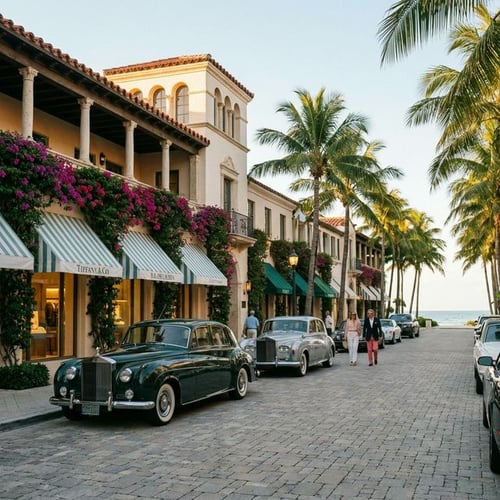 Pristine Worth Avenue storefronts demonstrating Palm Beach's grand elegance