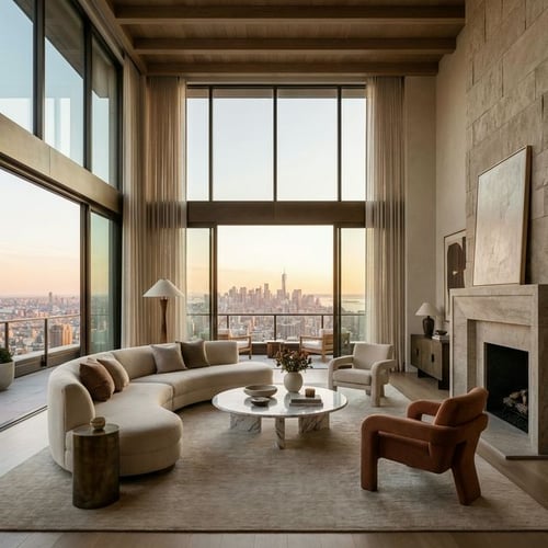 Contemporary luxury living room with sweeping city views