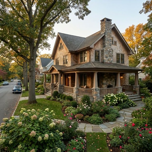 Charming craftsman home with stone and shingle exterior on a Ridgewood residential street