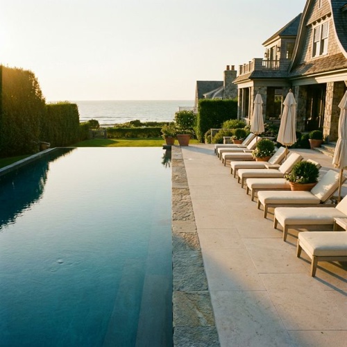 Grand Southampton estate pool terrace with infinity pool facing toward the Atlantic