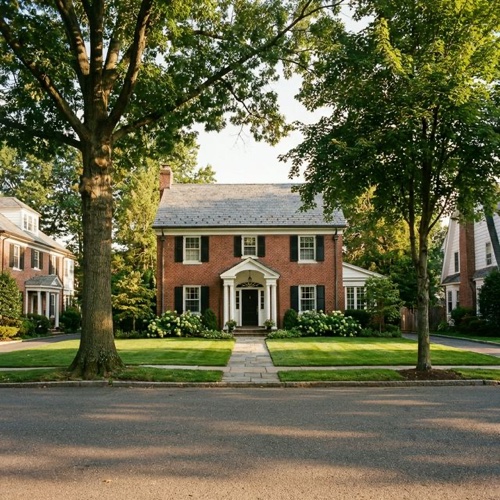 Classic brick colonial home on a tree-lined street in Teaneck New Jersey