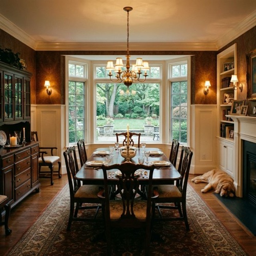 Warm dining room interior with bay window overlooking a manicured Teaneck backyard