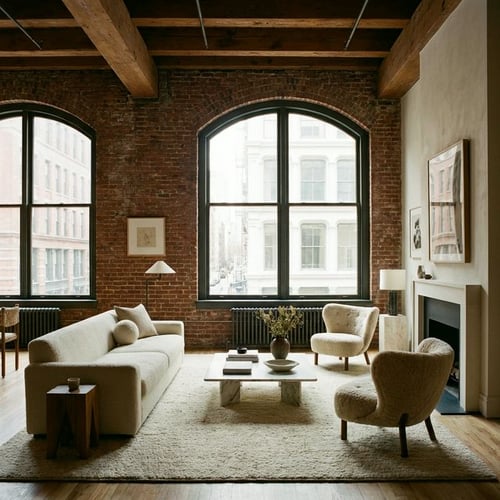 Spacious Tribeca loft interior with exposed brick and modern furnishings